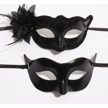 Set 2 Masti de Cuplu, Cyrax, pentru Carnaval, Bal Mascat, Marime Universala, Model Floare Laterala si Margele, Model Clasic Fluture, Negru