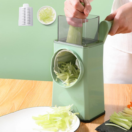 Feliator manual pentru legume Cyrax, 3 lame din otel inxodabil, 3 tipuri de feliere, material carcasa ABS, latime maxima feliere 4 mm, baza de tip ventuza, usor si sigur de utilizat, 28.5 x 9,2 x 13.5 cm, verde