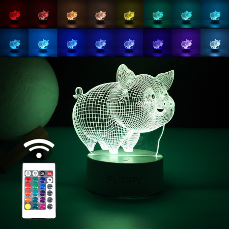 Lampa LED decorativa,  3D, Porcusor Gras, din material acril si lumina multicolora, alb