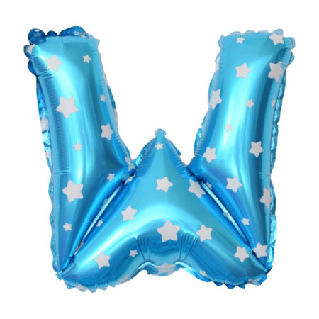 Balon Folie Metalizata Litera W, Cyrax, 40 cm, Cu Imprimeu Stelute, Umflati cu Heliu sau Aer, Ambalaj Individual, Pai inclus, Albastru