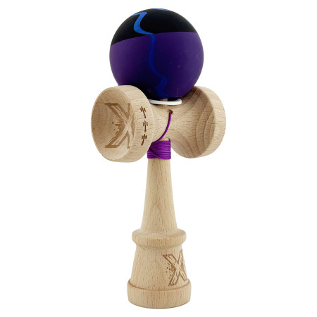 Kendama X Originala, Profesionala, Cyrax, Rubber Grip, Cupe Mari KING SIZE V3, Gaura in Baza, Rulment Metalic, din lemn 18 cm, Ata 62/65 cm, Special Negru/Mov/Albastru