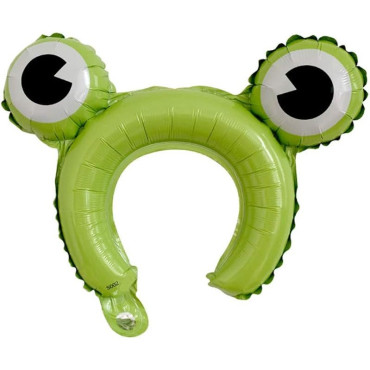 Balon din Folie Metalizata, Cyrax, Tip Coronita cu Urechi, Model Broasca, Ambalaj Individual, Pai Inclus, Umflare cu Aer sau Heliu, 28 x 31 cm, Verde