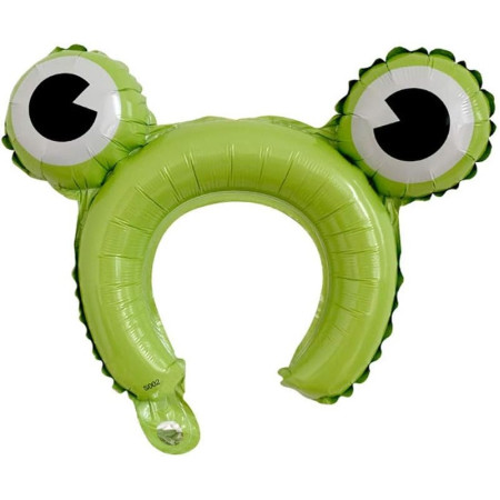 Balon din Folie Metalizata, Cyrax, Tip Coronita cu Urechi, Model Broasca, Ambalaj Individual, Pai Inclus, Umflare cu Aer sau Heliu, 28 x 31 cm, Verde