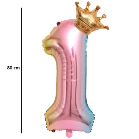 Balon din Folie Metalizata, Cyrax, Figurina Cifra Gradient, Tema Aniversare 80 cm, Ambalaj Individual, Pai inclus, Umflare cu Aer sau Heliu, Coronita, Cifra 1