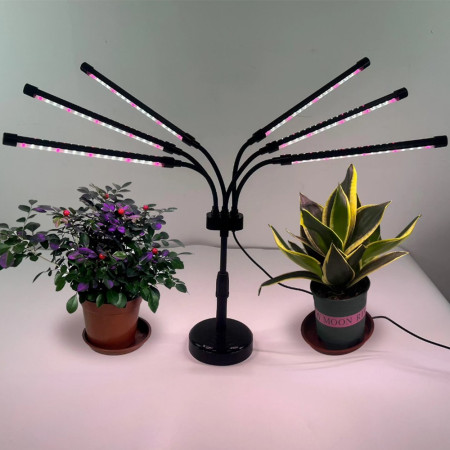 Lampa UV pentru cresterea plantelor,  conectare la retea, 30W, 6 capete, 108 LED-uri, ajustabila pana la 68.5 cm, Lumina Alb Mov