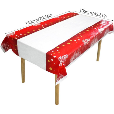 Fata de masa dreptunghiulara Cyrax, PVC, 2.5 mm grosime, imprimeu Merry Christmas, potrivit pentru Craciun, utilizare multipla, 180 x 108 cm, alb