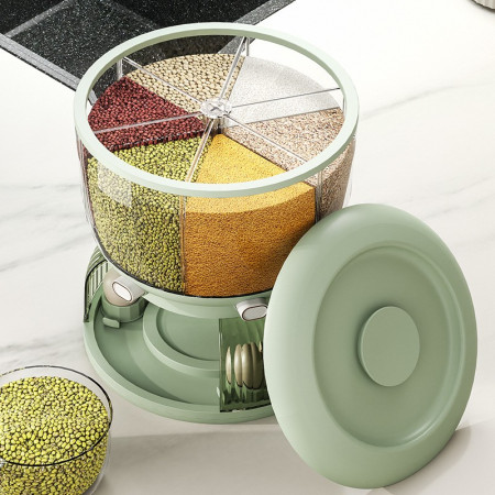 Dozator Etajat de Cereale Cyrax, Rotativ 360, 6 Compartimente, Capacitate 10L, Cofraj Special pentru Oua, Vas pentru Scurgerea Cerealelor, 35x27.5 cm, Verde
