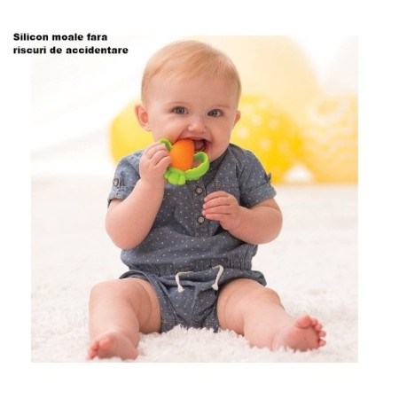 Jucarie dentitie bebelusi Cyrax, morcov, 10x7.5x2.8 cm, cu manere de prindere, material silicon non-toxic, fara miros, portocaliu