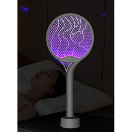 Paleta Electrica pentru Tantari, Muste si Tantari 2in1,  Reincarcabila, Incarcare USB, 2600V, Plastic, Casa si Gradina, Anti-insecte, Stand, 23x51 cm, Gri