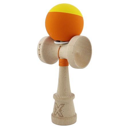Kendama X Originala, Profesionala, Cyrax, Rubber Grip, Cupe Mari KING SIZE V3, Gaura in Baza, Rulment Metalic, din lemn 18 cm, Ata 62/65 cm, Bicolor Galben/Portocaliu