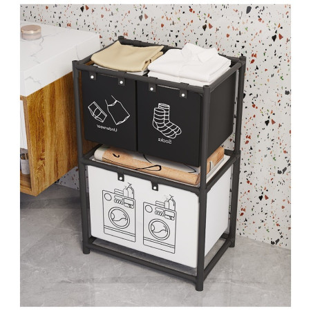 Cos de Rufe,  cu 2 Etaje,  3 Cosuri, Cadru de Otel Inoxidabil, 97x28x57 cm, Negru