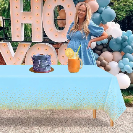 Fata de Masa, Cyrax, din PEVA, Imprimeu Buline Aurii, 137 x 274 cm, Impermeabila, Fara Pete, Curatare Rapida, Albastru