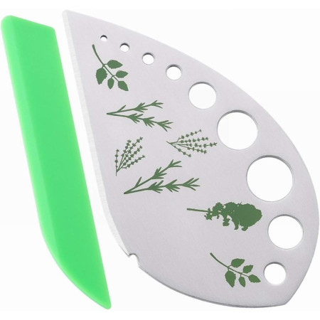 Tocator manual pentru ierburi Cyrax, instrument de curatat frunze, margini ascutie, 9 gauri de diferite dimensiuni, multifunctional, material otel inoxidabil, maner ergonomic, rezistent la rugina, 12.3 x 6.9 cm, argintiu