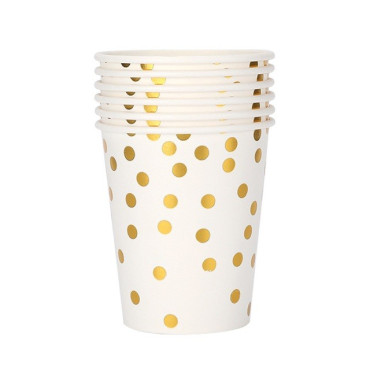 Set 10 Pahare, Cyrax, Imprimeu cu Buline, din Carton, 250 ml, 7.5 x 8.5 x 5.2 cm, Auriu