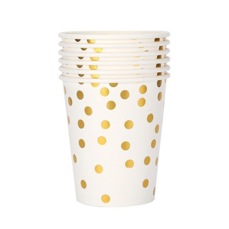 Set 10 Pahare, Cyrax, Imprimeu cu Buline, din Carton, 250 ml, 7.5 x 8.5 x 5.2 cm, Auriu