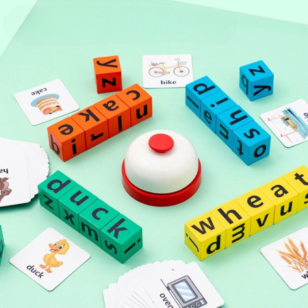 Joc cu Blocuri din Lemn, Cyrax, Formare Cuvinte, Cartonase cu Obiecte si Animale, Clopotel, Joc pentru 4 Persoane, 3 Ani+, 28x15.5x5 cm, Multicolor