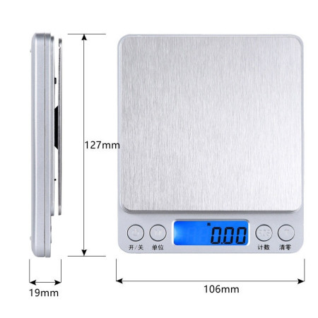 Mini Cantar Electronic, Cyrax, pentru Alimente/Bijuterii, max 3 Kg, 2 x AA, 12.7 x 10.6 x 1.9 cm, Gri