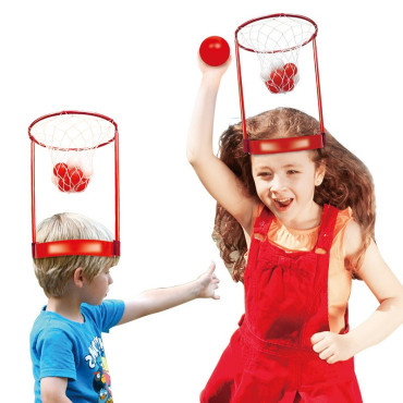 Set Interactiv pentru Copii, Cyrax, Joc cu Doua Cosuri de Baschet de Pus pe Cap, Joc Dublu, 20 de Mingi Albe si Rosii, Multicolor