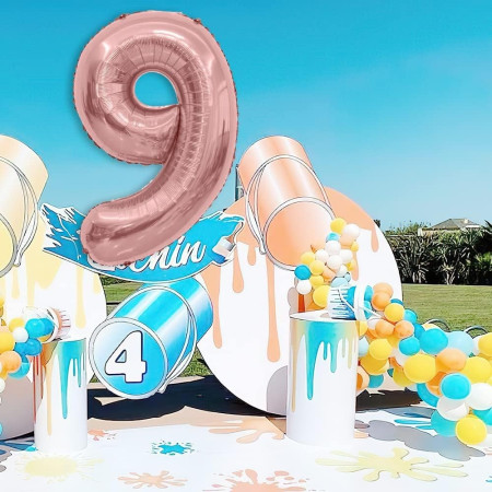 Balon din Folie Metalizata Cyrax, Figurina Cifra, Tema Aniversare 40 cm, Ambalaj Individual, Pai inclus, Umflare cu Aer sau Heliu, Rose Gold, Cifra 9