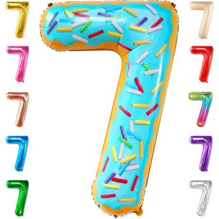 Balon din Folie Metalizata Cyrax, Figurina Cifra, Imprimeu Gogosi, Tema Aniversare 100 cm, Ambalaj Individual, Pai inclus, Umflare cu Aer sau Heliu, Multicolor, Cifra 7