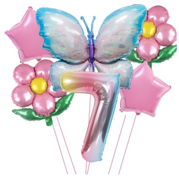 Cyrax Set baloane aniversare cu numere, din folie de aluminiu, 6 piese, 2 flori, 2 stelute, 1 fluture, 1 cifra, Multicolor, Cifra 7