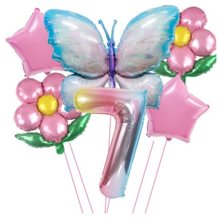 Cyrax Set baloane aniversare cu numere, din folie de aluminiu, 6 piese, 2 flori, 2 stelute, 1 fluture, 1 cifra, Multicolor, Cifra 7