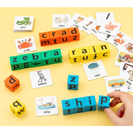 Joc cu Blocuri din Lemn, Cyrax, Formare Cuvinte, Cartonase cu Obiecte si Animale, Clopotel, Joc pentru 4 Persoane, 3 Ani+, 28x15.5x5 cm, Multicolor