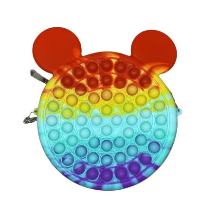 Jucarie antistres din silicon Cyrax, Geanta Pop It, Soricel, 16 cm, Curcubeu