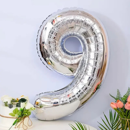Balon din Folie Cyrax, Cifra 9, 81 cm, Pentru Aer sau Heliu, Bulk, Argintiu