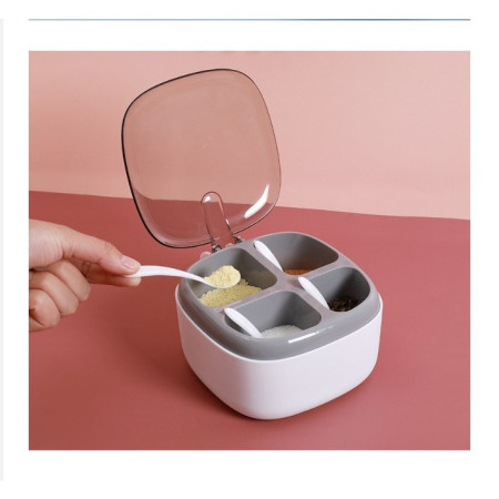 Recipient pentru condimente Cyrax, 4 casute, potrivit pentru sare, cimbru, piper, condimente, 4 lingurite din plastic, capac din plastic, maner, 14x14x8 cm, alb