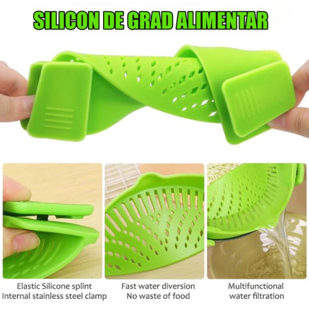 Strecurator Filtru pentru Vase, Cyrax, din Silicon Rezistent la Temperaturi Inalte, Universal, Paste, Legume, Fructe, 23x12.5x6.7 cm Verde