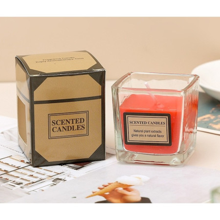 Lumanare Parfumata,  Model Pahar Transparent, cu Ulei Esential, 4.8 x 5.4 x 5.5 cm, Aroma de Capsuni, Rosu