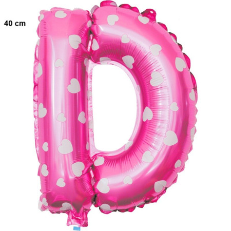 Balon Folie Metalizata Litera D, Cyrax, 40 cm, Cu Imprimeu Inimioare, Umflati cu Heliu sau Aer, Ambalaj Individual, Pai inclus, Roz