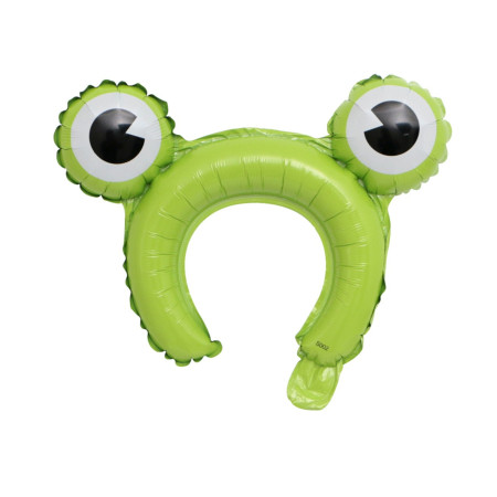 Balon din Folie Metalizata, Cyrax, Tip Coronita cu Urechi, Model Broasca, Ambalaj Individual, Pai Inclus, Umflare cu Aer sau Heliu, 28 x 31 cm, Verde