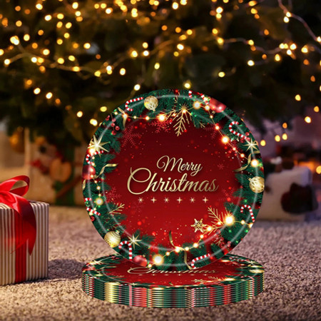 Set 16 Farfurii de Unica Folosinta, Cyrax, Model Merry Christmas, Tematica Craciun, 23 cm, Rosu/Verde