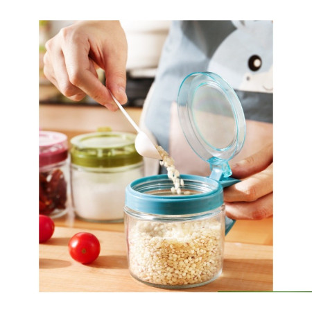 Recipient Condimente, Cyrax, din Stilca, 180 ml, cu Maner si Lingurita, 8 x 9 cm, Capac Transparent, Albastru