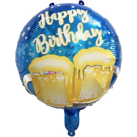 Balon din Folie Metalizata, Cyrax, Mini Figurina Rotunda, Model Halbe de Bere, Happy Birthday, Tematica Aniversare, 45 cm, Ambalaj Individual, Pai Inclus, Umflare cu Aer sau Heliu, Albastru