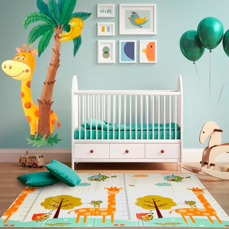 Covoras de Joaca pentru Copii Termic cu 2 Fete, Cyrax, Model Girafe si Pinguini, cu Spuma, Impermeabil, Antiderapant, 200cm x 180cm x 1cm