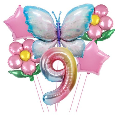 Cyrax Set baloane aniversare cu numere, din folie de aluminiu, 6 piese, 2 flori, 2 stelute, 1 fluture, 1 cifra, Multicolor, Cifra 9