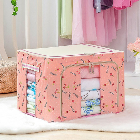 Cutie de Depozitare Pliabila,  24 L, Panza Oxford, 40x30x20 cm, Fereastra Frontala, 2 Usi de Acces cu Fermoar Bidirectional, Cadru Metalic, Suport Baza Stabil din Plastic, Imprimeu Cirese, Roz