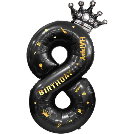 Balon din Folie Metalizata Cyrax, Figurina Cifra si Coroana, Scris Happy Birthday, Tema Aniversare 100 cm, Ambalaj Individual, Pai inclus, Umflare cu Aer sau Heliu, Negru, Cifra 8