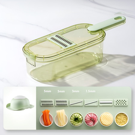 Feliator Multifunctional, Cyrax, 6 in 1, pentru Fructe si Legume, 9 Piese, Maner, Lame de Inox, Recipient Stocare, Protectie Mana, ABS, 35x12x9.4 cm, Verde