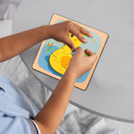 Puzzle Montessori din Lemn pentru Copii, Cyrax, 3D, 0-3 Ani, Model Ratusca, Educativ, Intuitiv, Creativ, 5 Piese, 15x15x0.5 cm, Multicolor