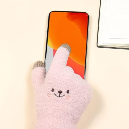 Manusi Dama,  Model Fata Zambitoare, Functie Touchscreen (ecran tactil), Material Lana Brodata, Manseta Elastica, Interior Pufos, Marime Universala, Roz