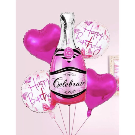 Set 5 Baloane din Folie Metalizata, Cyrax, Figurine Sticla de Sampanie, Model Inimi, Tema Aniversare, Pai Inclus, Ambalaj Individual, Umflare cu Aer sau Heliu, Multicolor