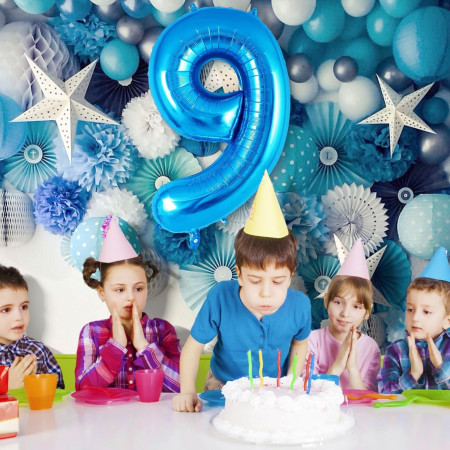 Balon din Folie Metalizata Cyrax, Figurina Cifra, Tema Aniversare 40 cm, Ambalaj Individual, Pai inclus, Umflare cu Aer sau Heliu, Albastru, Cifra 9