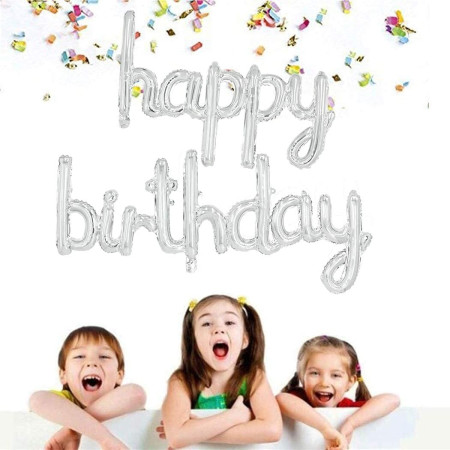 Set 10 Baloane din Folie Metalizata, Cyrax, Figurine Litere, Model Scris de Mana Happy Birthday, Tema Aniversare, 40 cm, Ambalaj Individual, Pai Inclus, Umflare cu Aer sau Heliu, Argintiu