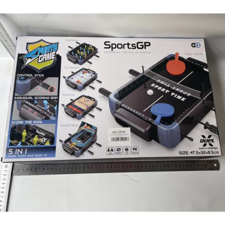 Masa de Joc 5in1  Cyrax, cu Teren Schimbabil de Fotbal, Basket, Bowling, Curling si Hockey, cu Tablou Scor, din ABS, 47.5x32x8.5 cm, Design Multicolor, pentru Copii/ Adulti