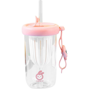 Pahar din silicon, cu capac si pai, pentru copii, Cyrax, anti-cadere, compartiment pentru fructe/ceai/gheata, rezistent la temperaturi inalte, 500ml, Roz, 14.5x8.8x20 cm