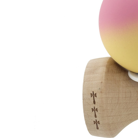 Kendama X Originala, Profesionala, Cyrax, Rubber Grip, Cupe Mari KING SIZE V3, Gaura in Baza, Rulment Metalic, din lemn 18 cm, Ata 62/65 cm, Gradient Roz/Galben